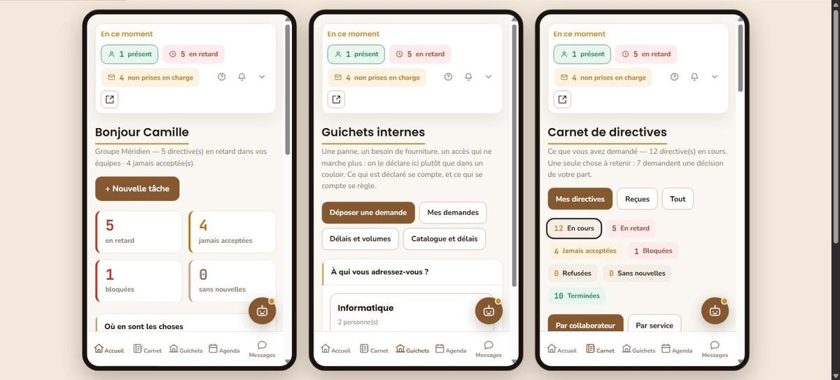 Trois téléphones : l'accueil, le guichet et le carnet, avec la barre de navigation en bas.